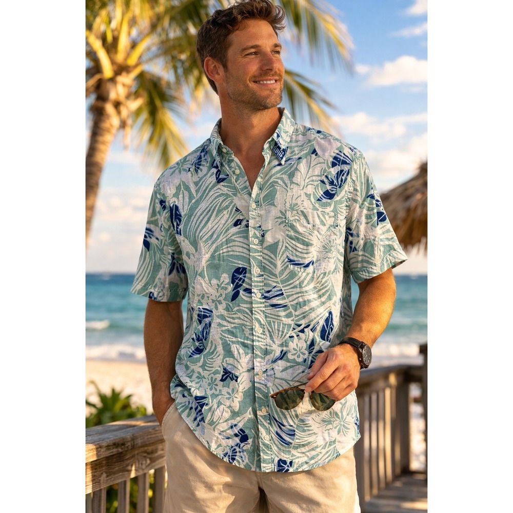 IZOD Saltwater Hawaiian Shirt Mens L Green Blue Floral Button Front Beach Casual